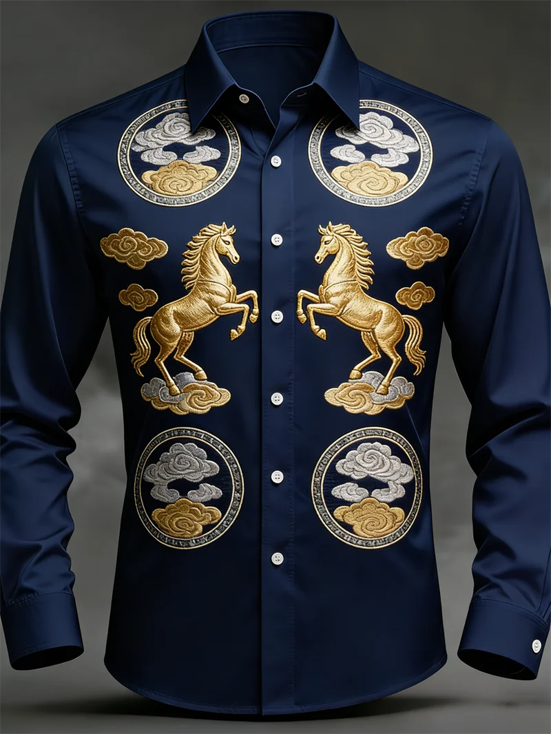 New men's long sleeved shirt casual button lapel 3D printed horse pattern luxurious men's top soft and comfortable