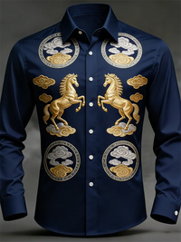 New men's long sleeved shirt casual button lapel 3D printed horse pattern luxurious men's top soft and comfortable