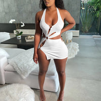 Summer Dresses Woman 2022 High Street Stretch Slim Hollow Sexy Mini Bodycon Dress Elegant Orange Sleeveless Club Party Sundress