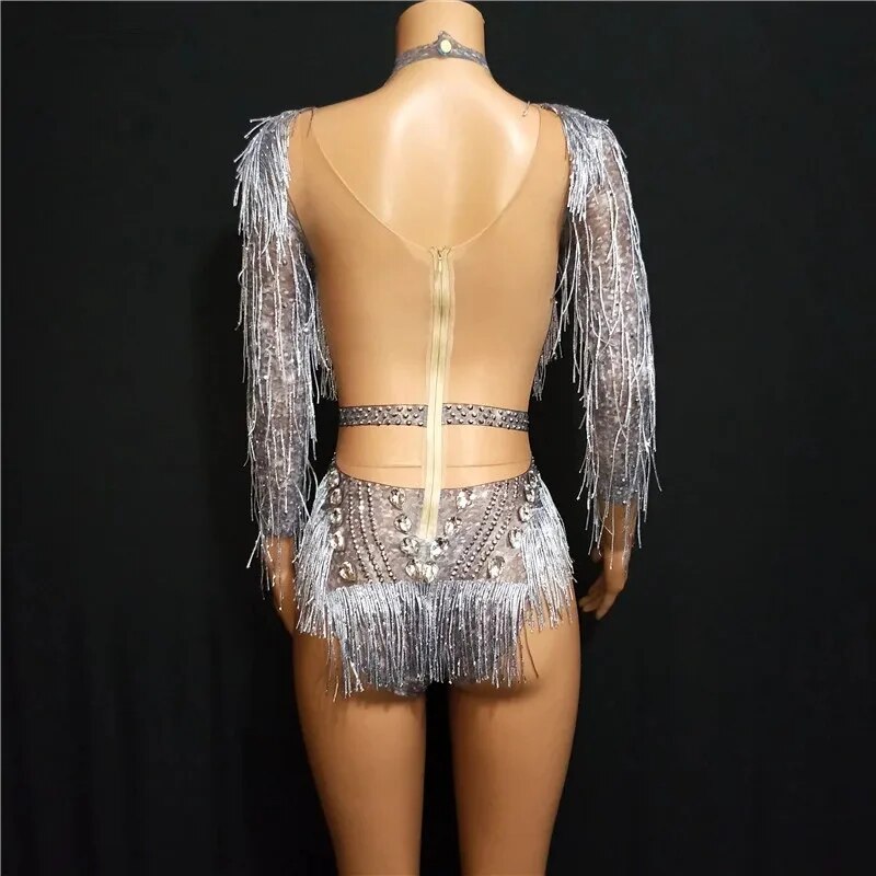 Rhinestones Gloves Tassel Bodysuit Sparkly Silver Crystals Fringes Jazz Dance Costume Party Stage Wear Dance Show Sexy Leotard