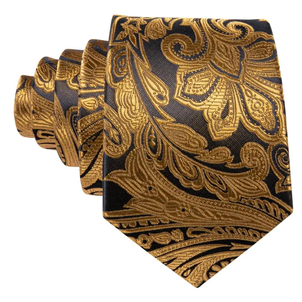 Barry.Wang Gold Silk Mens Tie Hanky Cufflinks Set Yellow Beige Orange Luxury Jacquard Necktie For Male Wedding Business Party