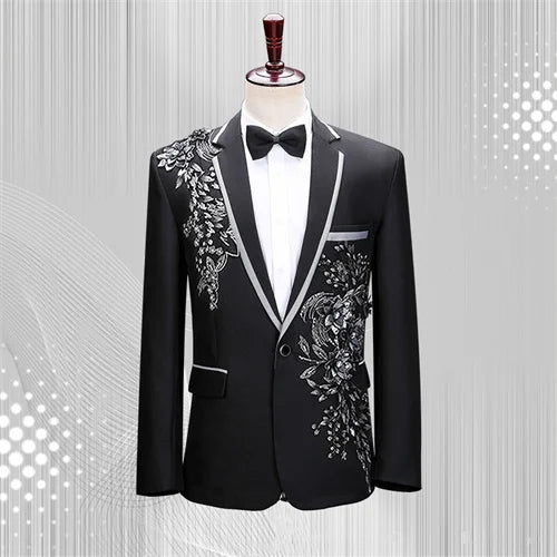 New Men Luxury Patchwork Suit Single Button Flower Jacket Fashion Singer Host Pianist Stage Performance Blazers Coats