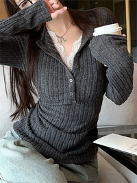 Women's Top Lace Patchwork Long Sleeve T-Shirt Base Shirt Fashion Vintage Fake Two-piece V-neck T-shirt Aesthetic Clothes
