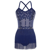 Womens Latin Dance Dress Sheer Mesh Patchwork Tiered Tassel Bodysuit Dress and Gloves for Tango Samba Dance Ballroom Dancewear