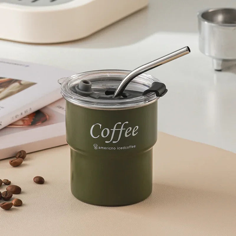 Stainless Steel Insulated Cup Beer Mug with Lid 300ml Reusable Water Bottle Multifunction Coffee Cup with Straws for Camping