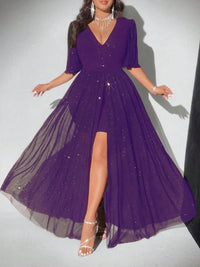 New Plus Size Sexy Deep V-Neck Mesh sequins A-line Hem Stitching Lining Dress Retro Flared Sleeve High Slit Skirt Evening Dress