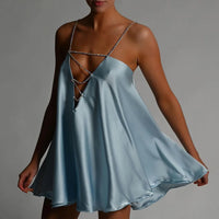 Sexy Club Party Dress Women Summer Deep V Neck Chain Spaghetti Strap Mini Dresses Y2k Fashion Loose Satin Short Dress Girl
