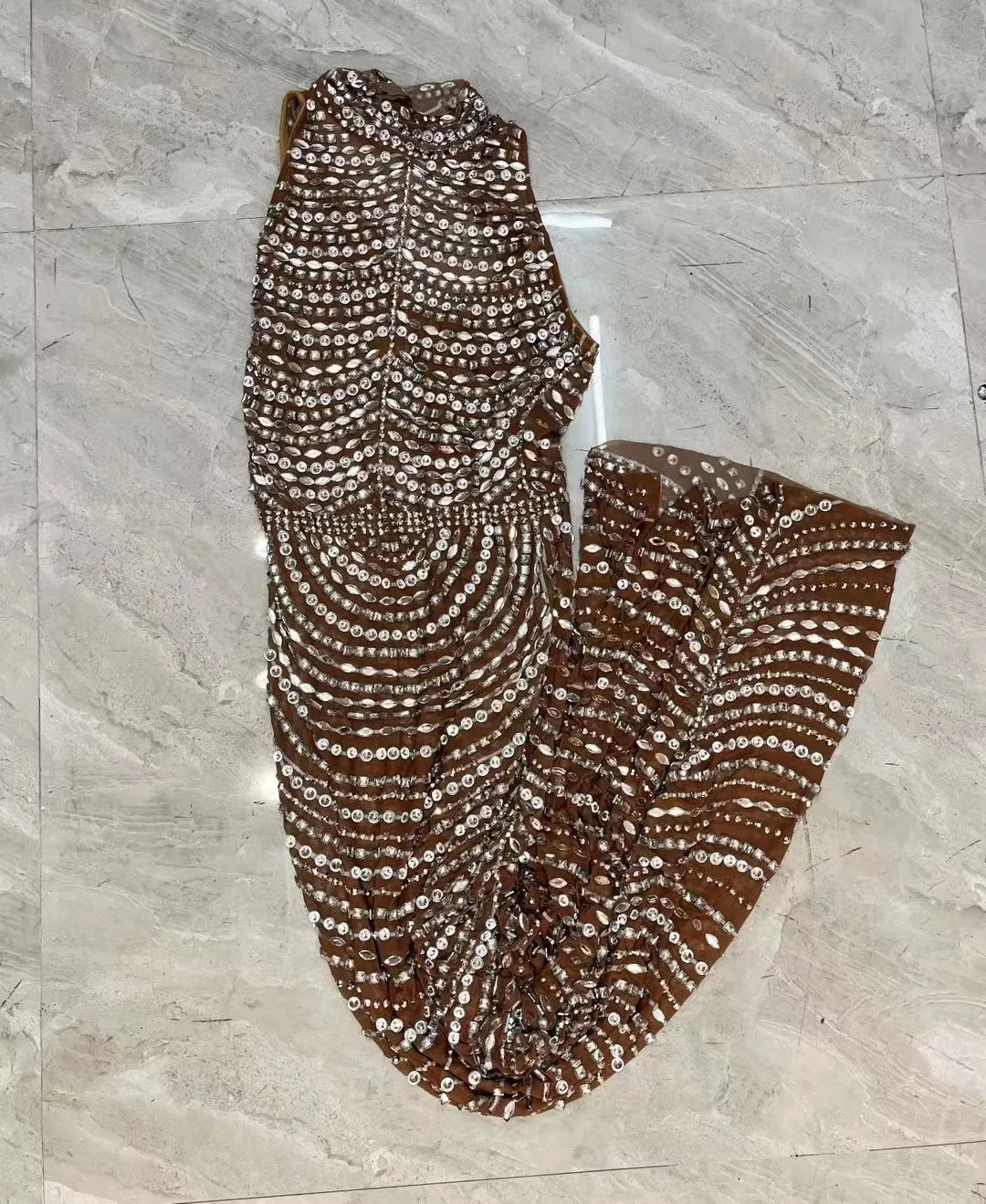 Sexy Brown Mesh Transparent Silver Rhinestones Crystals Dress Birthday Wedding Celebrate Outfit Prom Party Photo Shoot Gowns