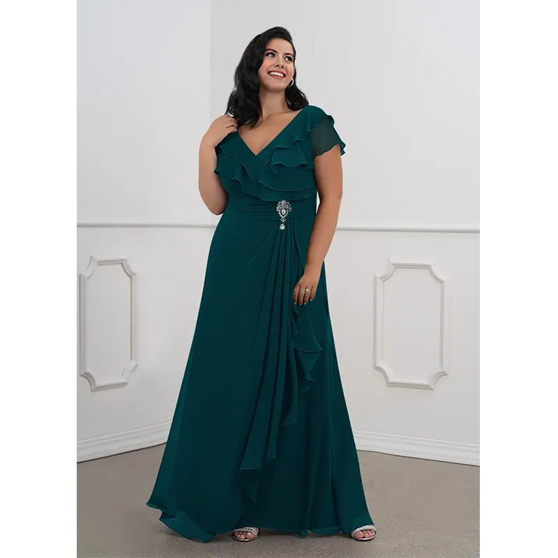 2023 Plus Size Spring Summer Ruffle V Neck Chiffon Luxury Dress 4XL5XL Wedding Party Elegant Maxi Plus Size Evening Dresses