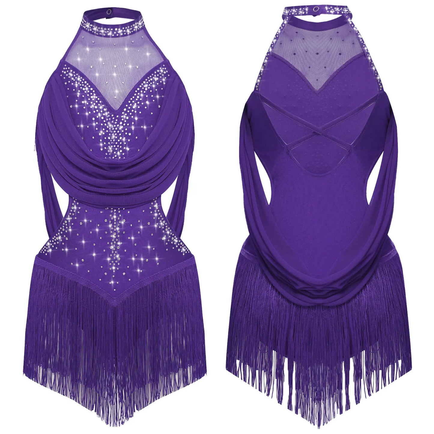 Girls Latin Jazz Rumba Samba Dance Costume Salsa Set Ruched Mesh Drapes Cutout Leotard with Tassel Skirts and 1 Pair Mesh Gloves