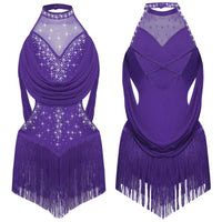 Girls Latin Jazz Rumba Samba Dance Costume Salsa Set Ruched Mesh Drapes Cutout Leotard with Tassel Skirts and 1 Pair Mesh Gloves
