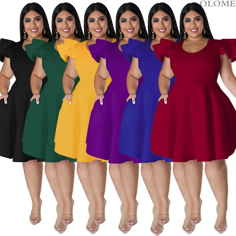 Big Size 4XL 5XL Women Party Dress Gown Fashion Ruffles Puff Sleeves Pleats High Waist A Line Casual Club Dresses Knee Length