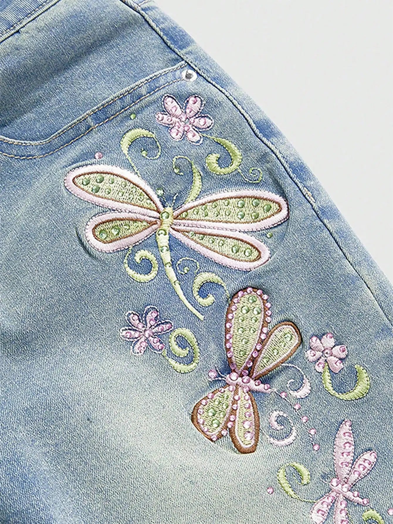 Y2K Fairycore Dragonfly Embroidery Capri Jeans, Low Waist, Summer Retro Style