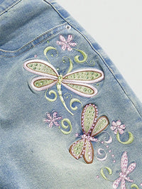 Y2K Fairycore Dragonfly Embroidery Capri Jeans, Low Waist, Summer Retro Style