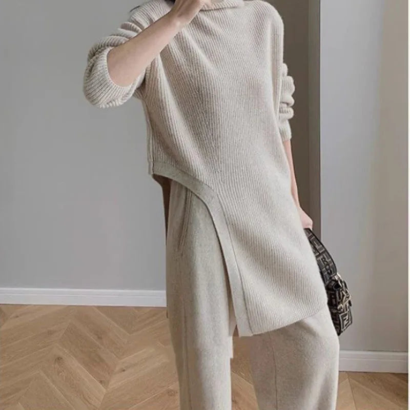 2023 New High Neck Korean Version Midi Sweater Irregular Knit Dress + Wide-legged Pants Thickened Suit Women