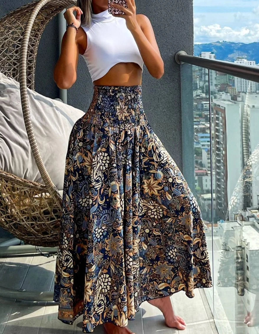Fashion Cotton Women Floral Print Skirt Side Tie Beach Skirts Summer High Waist Wrap Flower Long Skirt