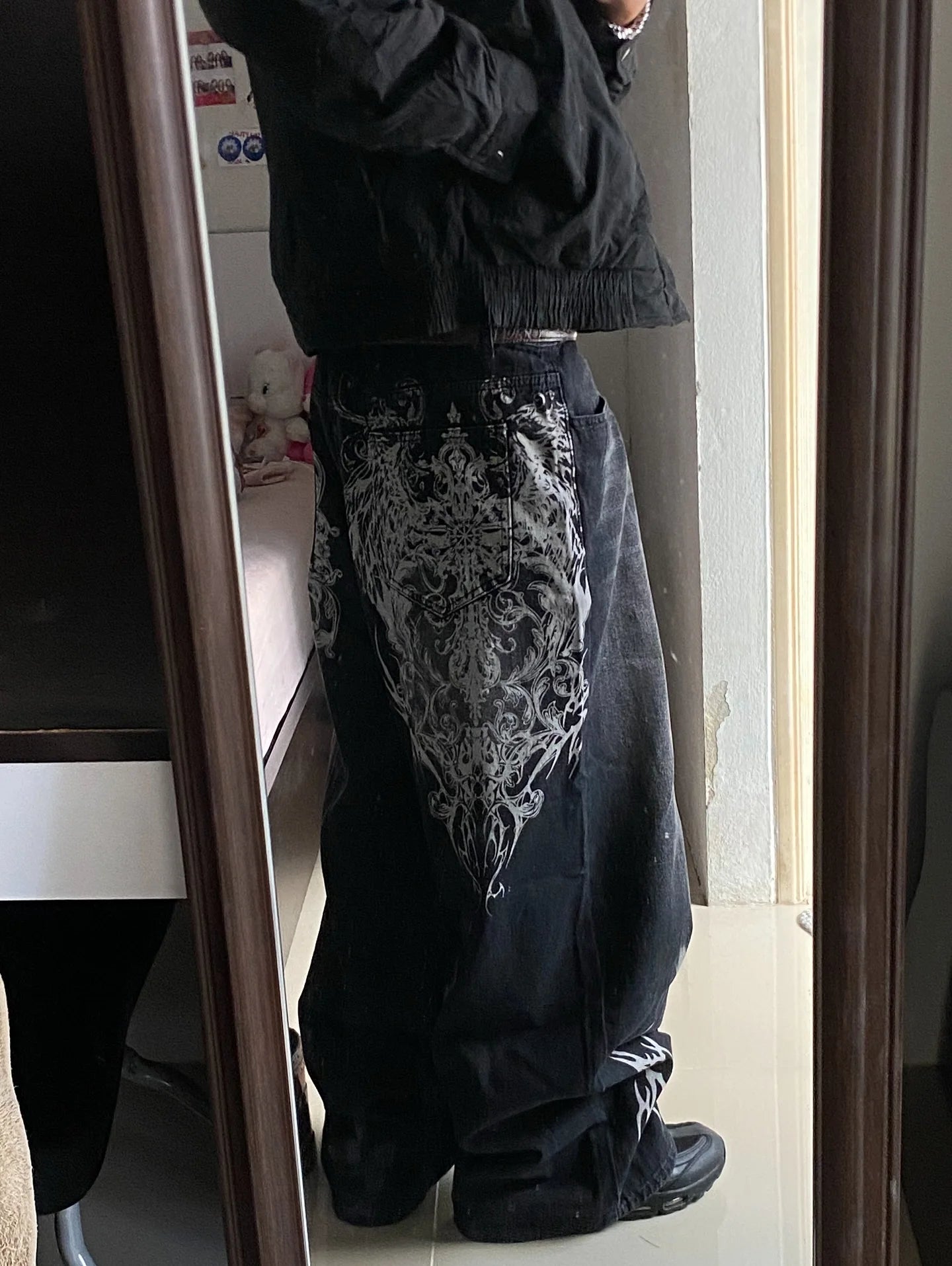 vintage style printing black baggy jeans harajuku trend men women hip hop fashion casual Joker couple Wide-leg pants streetwear