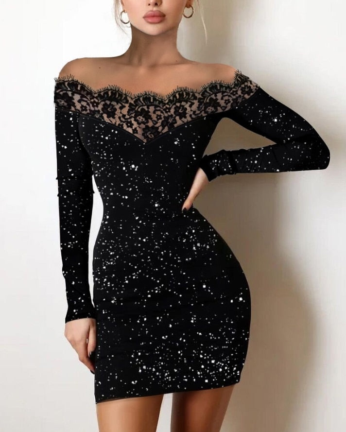 Sexy Party Night Out Dresses For Women 2022 Autumn Plain Black Off Shoulder Long Sleeve Contrast Lace Glitter Bodycon Mini Dress