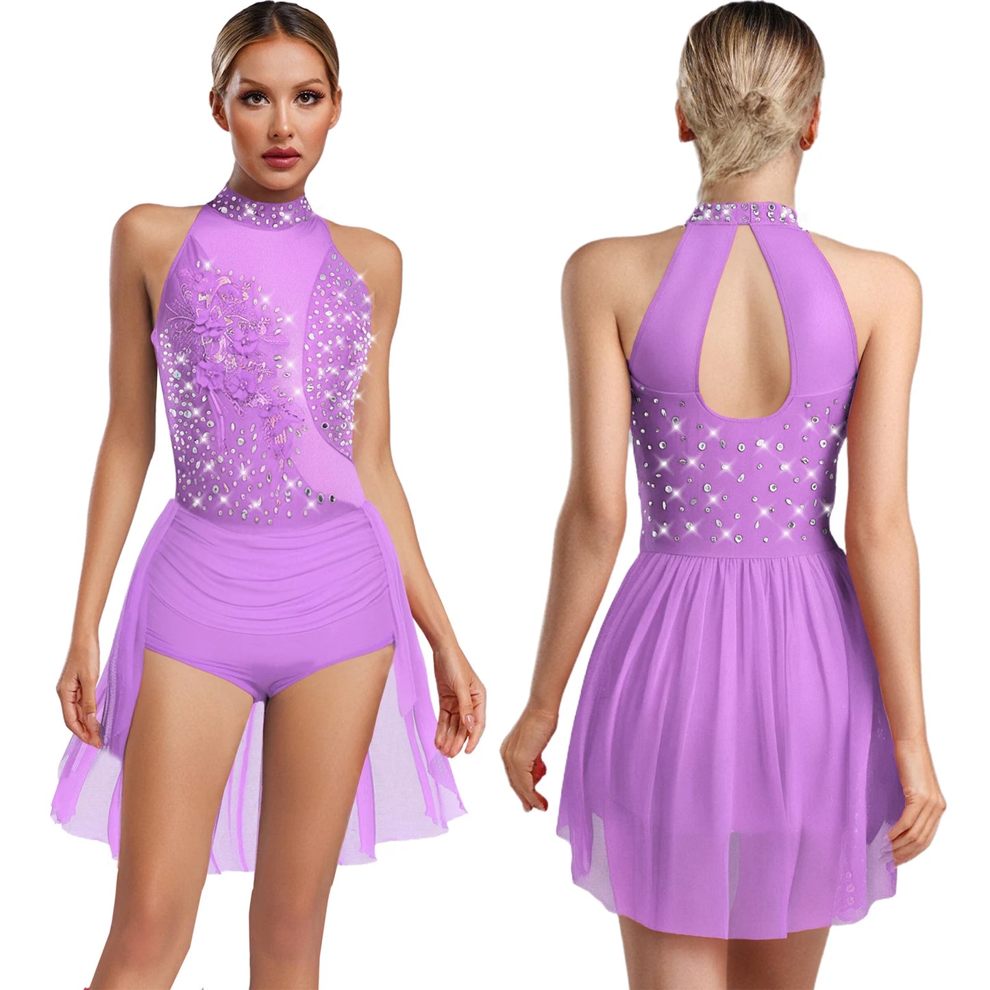 Women Latin Cha-cha Dance Performance Costumes Rhinestone Applique Sleeveless Leotard Skating Ballet Samba Rumba Tango Dancewear