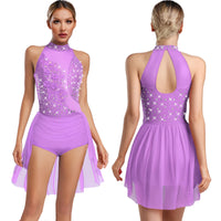 Women Latin Cha-cha Dance Performance Costumes Rhinestone Applique Sleeveless Leotard Skating Ballet Samba Rumba Tango Dancewear