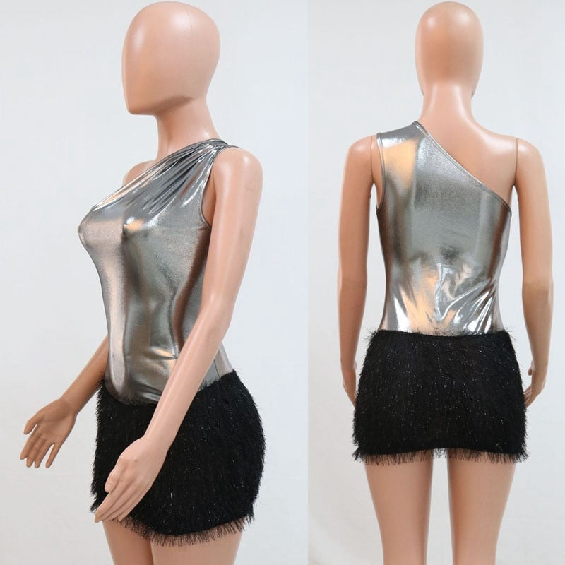 Silver Metallic One Shoulder Bodycon Mini Dress Women Glitter Elegant Short Sexy Club Party Dress 2023 Night Clubwear Dress