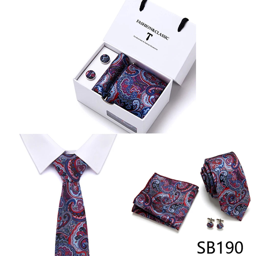 High Quality 7.5 cm Stripe Blue Tie Pocket Square Cufflinks Set For Men Gift Box Wedding Gravatas Fit Workplace