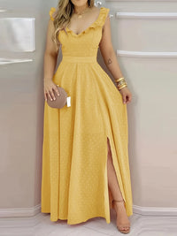 Women's Yellow Polka Dot Maxi Dress Ruffled Neckline Back Tie Side Slit Ideal for Summer Vacations and Bohemian Gatherings