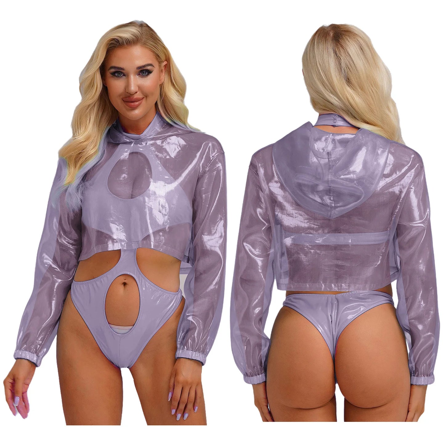 Womens Sparkly Transparent Hooded Top Holographic Long Sleeve Cropped Tee Shirts Festival Rave Outfits Pullover Hoodie Clubwear