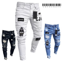 2023 White Embroidery Skinny Ripped Jeans Men Cotton Stretchy Slim Fit Hip Hop Denim Pants Casual Jeans for Men Jogging Trousers