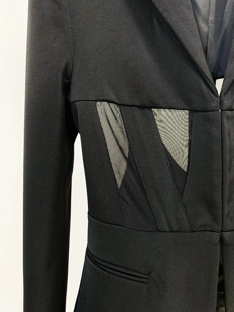 HIGH STREET Newest 2024 Designer Blazer Suit Women's Perspective Gauze Patchwork Blazer Pencil Pants