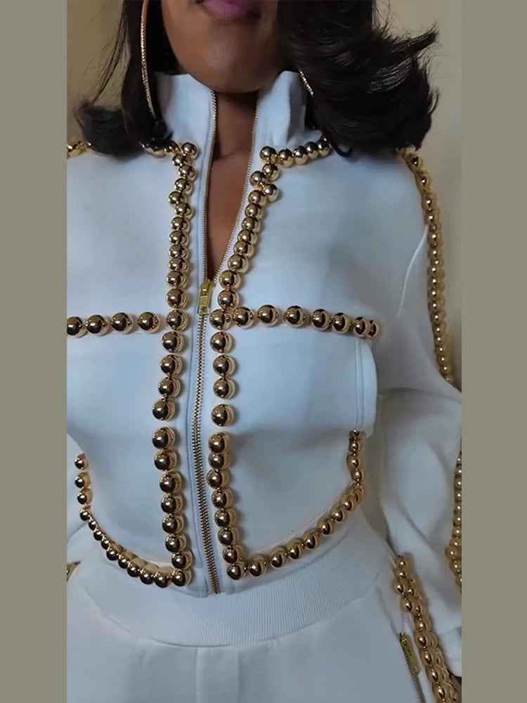 Women's Pants Set Round-Neck Tops Pearl-Trim Wide-Leg Fashion Oversized Elegant 2-Piece Outfit Spring New Fashion Woman Clothes