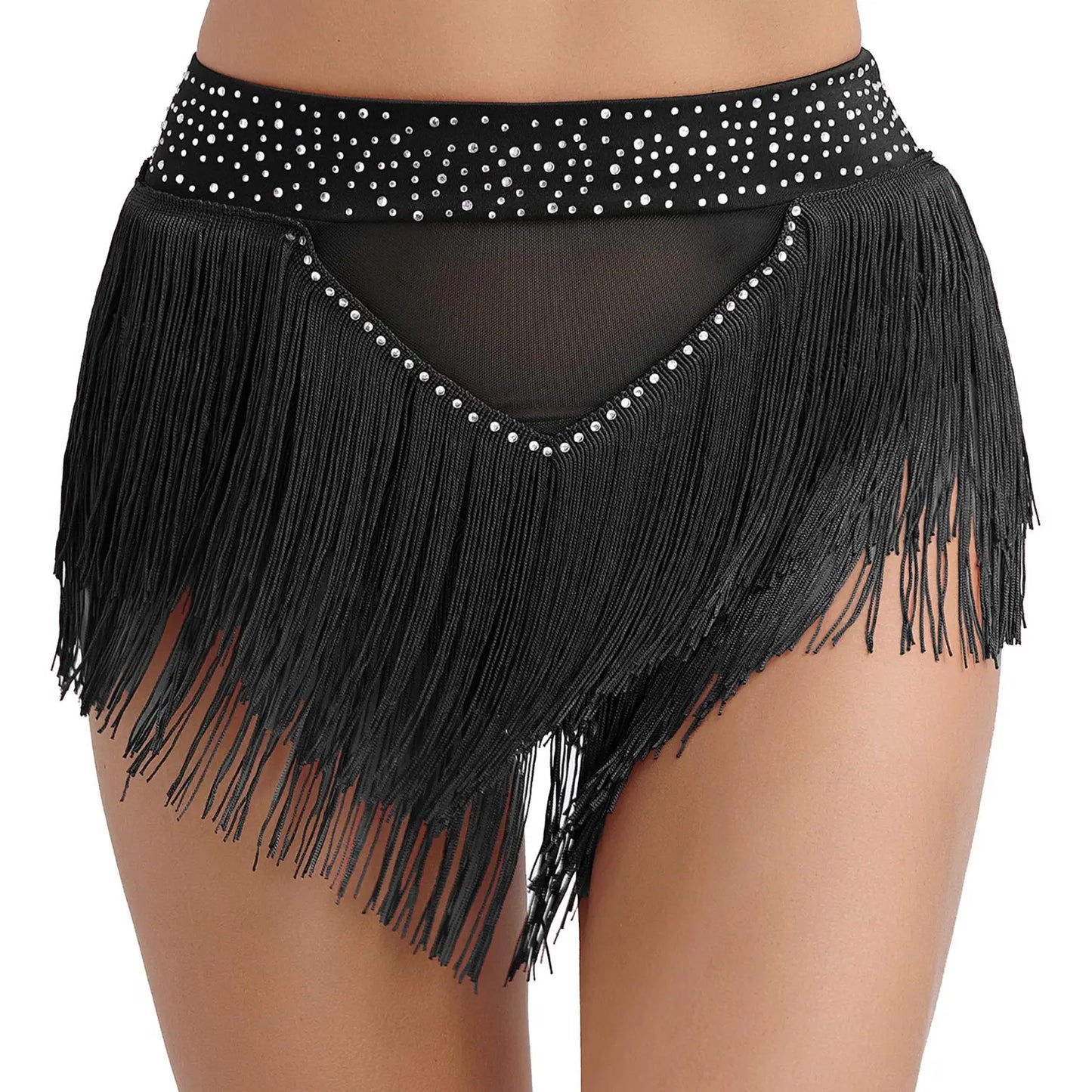 Womens Tassel Belly Dance Shorts Skirts Samba Fringe Latin Rumba Samba Tango Dancewear Shiny Rhinestone See Through Mesh Bottoms
