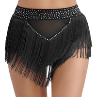 Womens Tassel Belly Dance Shorts Skirts Samba Fringe Latin Rumba Samba Tango Dancewear Shiny Rhinestone See Through Mesh Bottoms