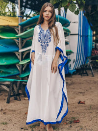 2023 Bohemian Embroider Summer Beach Dress Chiffon Tunic Women Plus Size Beachwear Kaftan Sexy Half Sleeve Maxi Dress Robe  N746