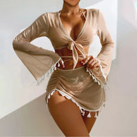 Solid Color Sexy Fashion Slim Fitting Beach Swimwear For Lady Split Lightweight Strap High Waist Pleated Cover-up Four-Piece Set