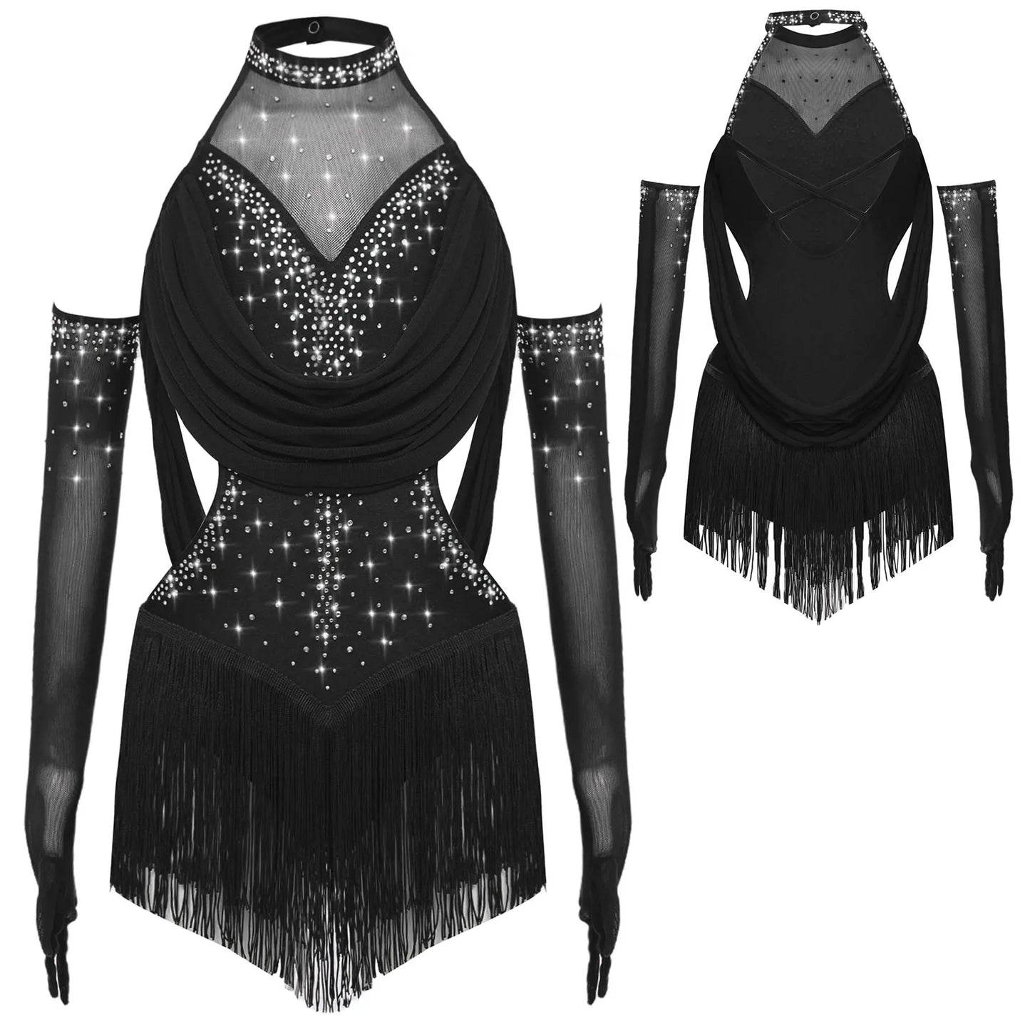 Girls Latin Jazz Rumba Samba Dance Costume Salsa Set Ruched Mesh Drapes Cutout Leotard with Tassel Skirts and 1 Pair Mesh Gloves