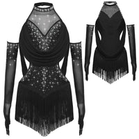 Girls Latin Jazz Rumba Samba Dance Costume Salsa Set Ruched Mesh Drapes Cutout Leotard with Tassel Skirts and 1 Pair Mesh Gloves