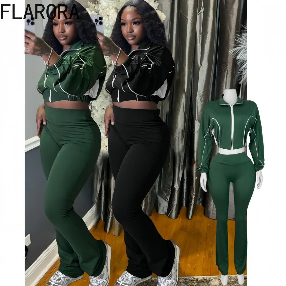 FLARORA Fashion Stripe Patchwork 2 Pcs Sets Woman Long Sleeve Zip Crop Jackets And Flare Pants Outfits Casual Street Tracksuits