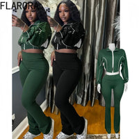 FLARORA Fashion Stripe Patchwork 2 Pcs Sets Woman Long Sleeve Zip Crop Jackets And Flare Pants Outfits Casual Street Tracksuits