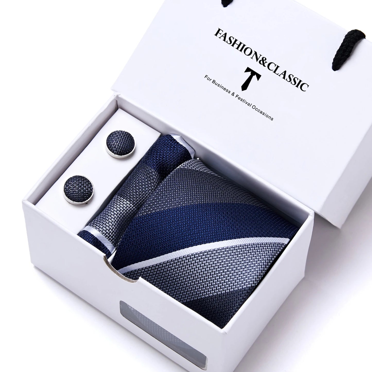 High Quality 7.5 cm Stripe Blue Tie Pocket Square Cufflinks Set For Men Gift Box Wedding Gravatas Fit Workplace