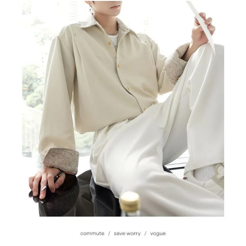 Men's Black Button Oversized Shirt Jacket Long Sleeve Shirt Contrast Collar Cuffs Loose Fit Versatile Casual Button-Down Top