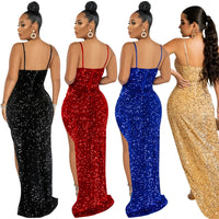 Women Mesh Patchwork High Side Split Sequin Bodycon Midi Backless Maxi Long Dress Sexy Night Party Spaghetti Strap Dress