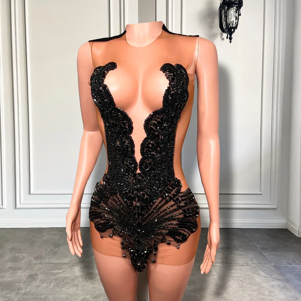 blue dress for baby girl Sexy Sheer See Through Black Girl Short Prom Dress Golden Diamond Luxu –  Mega Mart Center