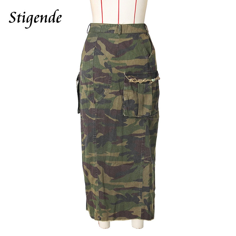 Stigende Women Sexy High Split Camouflage Skirt Army Green Ripped Irregular Skirt Spliced Color Pocket Button Long Maxi Skirt