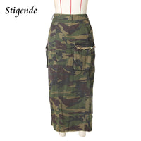 Stigende Women Sexy High Split Camouflage Skirt Army Green Ripped Irregular Skirt Spliced Color Pocket Button Long Maxi Skirt