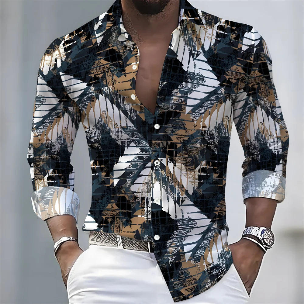 American retro patchwork print men's long-sleeved shirt, casual spring and autumn turn-down collar cardigan, plus size men's top