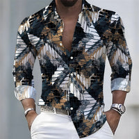 American retro patchwork print men's long-sleeved shirt, casual spring and autumn turn-down collar cardigan, plus size men's top