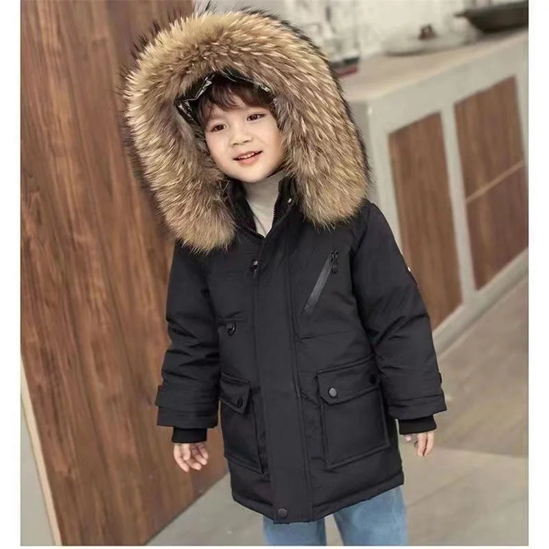 -30℃ Winter Kids Thick Warm Jacket Children Padded Plus Velvet Parkas Coat Boys Girls Fur Collar Hooded Cotton Clothes Outerwear
