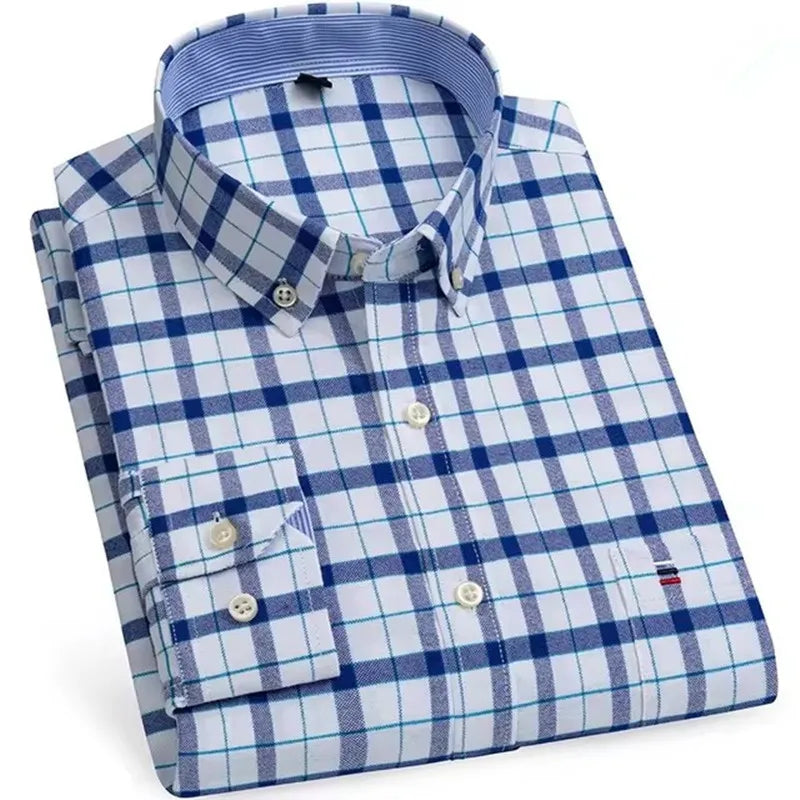 Men's Versatile Casual Checkered Oxford Cotton Shirts Single Pocket Long Sleeve Standard-fit Button Down Gingham Striped 7XL 6XL