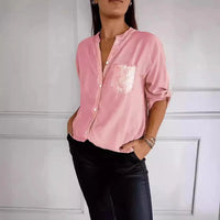 Women Pocket Sequined Blouse Shirts Summer Casual Female Button Lantern Sleeve Bling OL Workwear Blouse Tops 2025